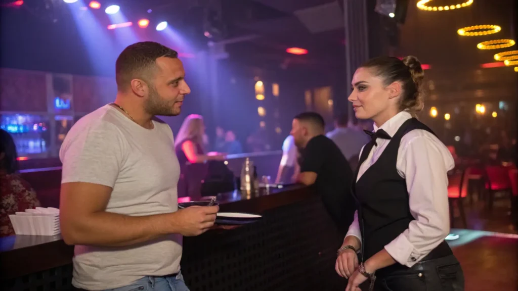 speaking to the staff in a sex club