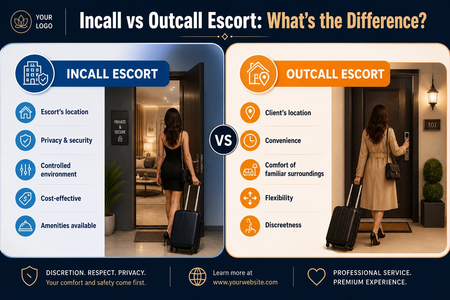 Incall vs Outcall Escort: What’s the Difference? infographic