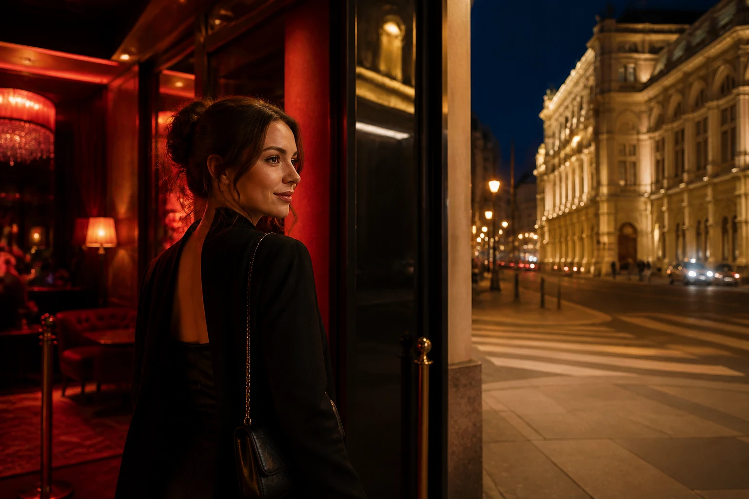 Woman arriving alone at the entrance of a Vienna sex club at night, elegant city lights in the background