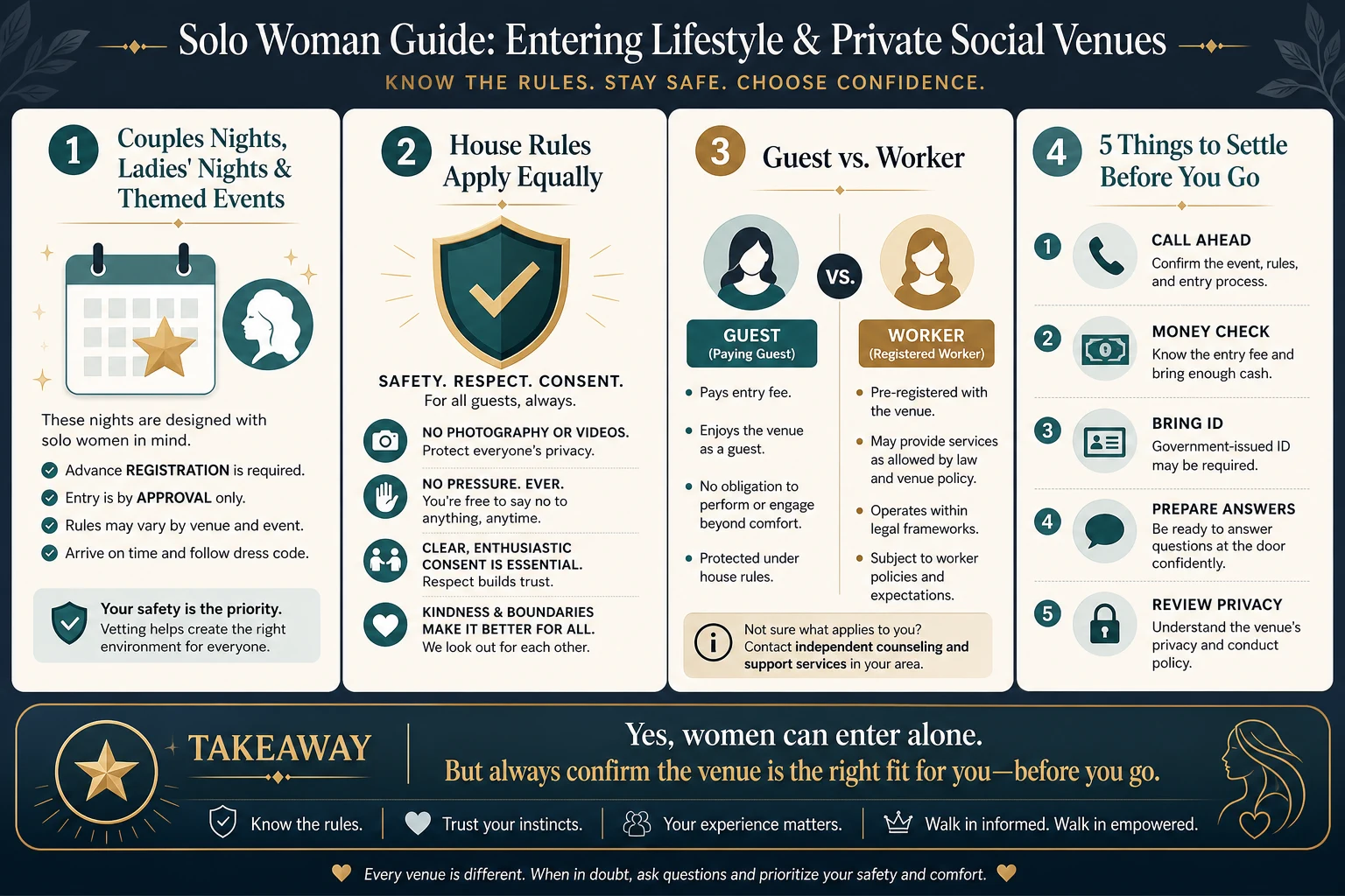 Infographic on house rules for a solo female guest in Vienna, the difference between being a guest and working in a licensed venue, and a checklist before going