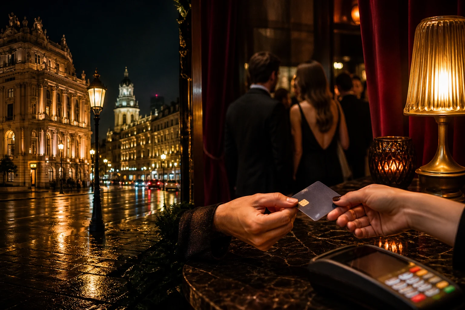 Cash and a bank card on a reception desk at a Vienna sex club at night, city lights in the background