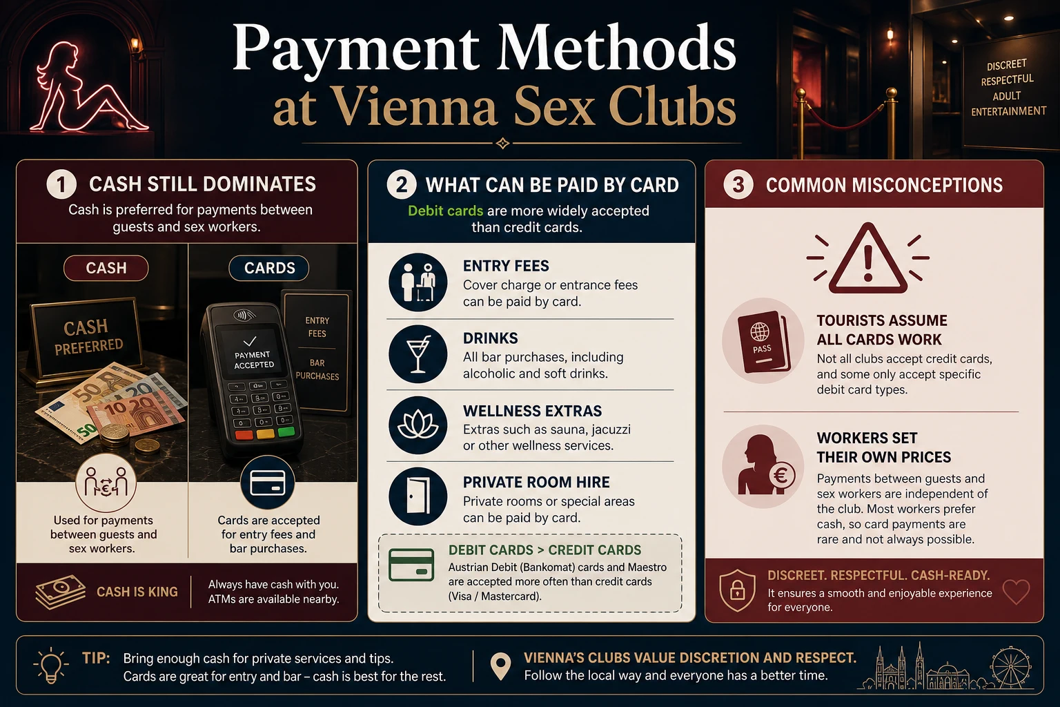 Infographic on paying at a Vienna sex club: why cash is the standard, what the house sells versus what the sex worker sells, and which items can usually be paid by card