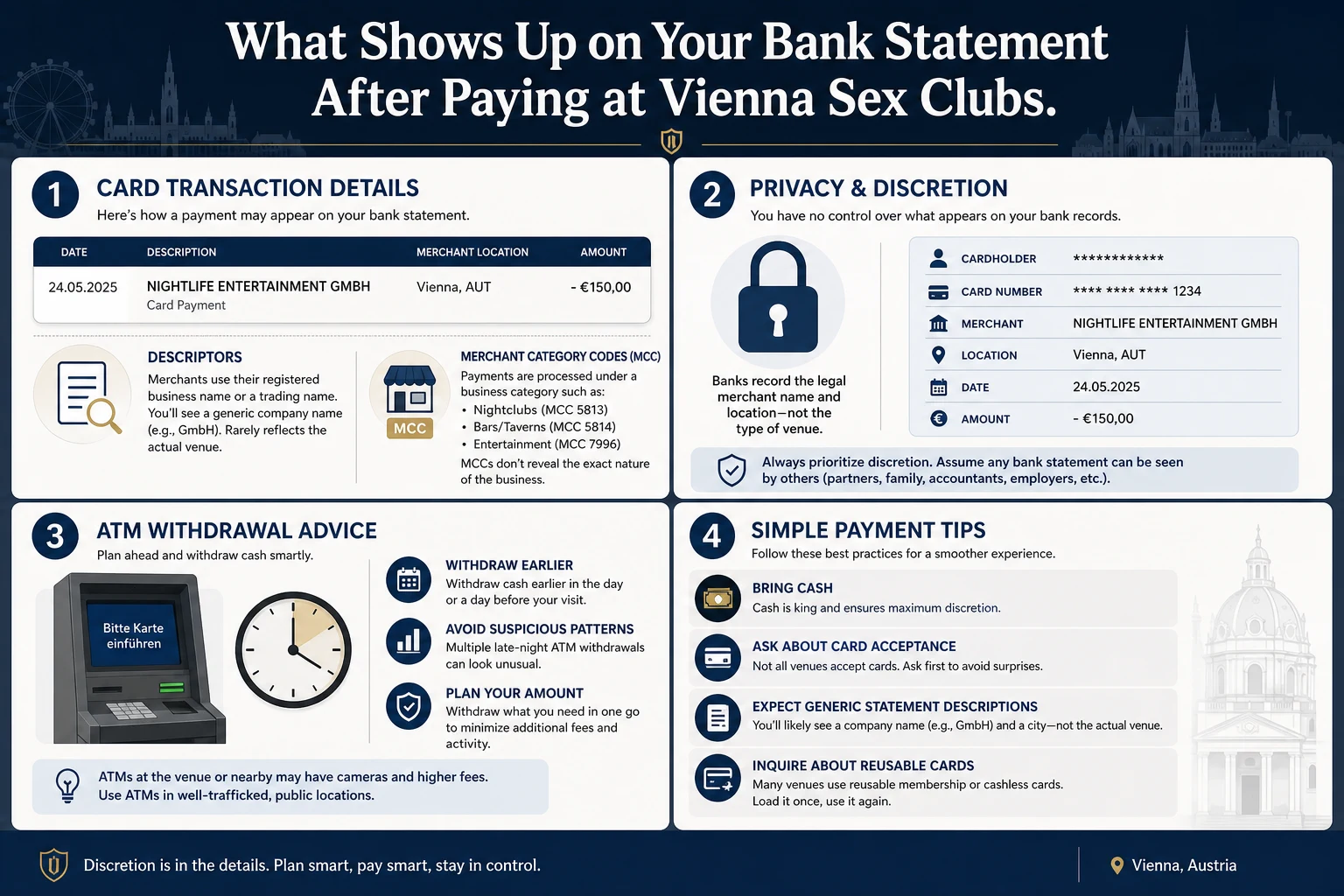 Infographic on what a card payment leaves behind: the statement descriptor and merchant category code, the ATM timing problem, and a checklist for handling payment discreetly