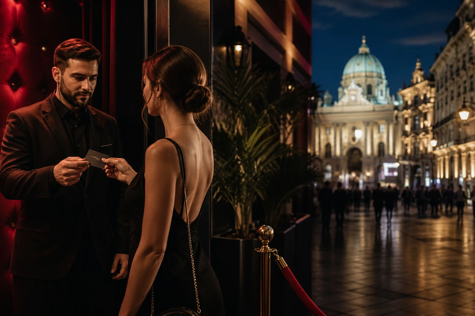 Guest handing a photo ID to the doorman at the entrance of a Vienna sex club at night, with the illuminated city in the background