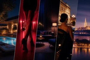 Four different Vienna nightlife entrances side by side at night, elegant city lights, representing different types of adult venue