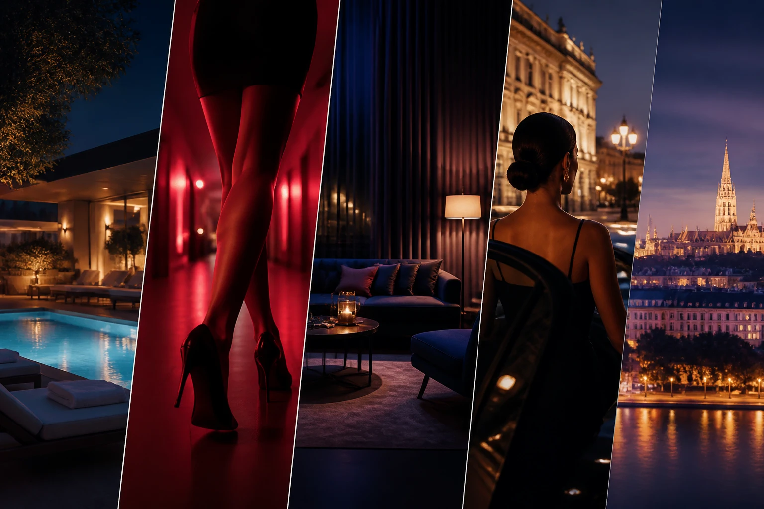 Four different Vienna nightlife entrances side by side at night, elegant city lights, representing different types of adult venue