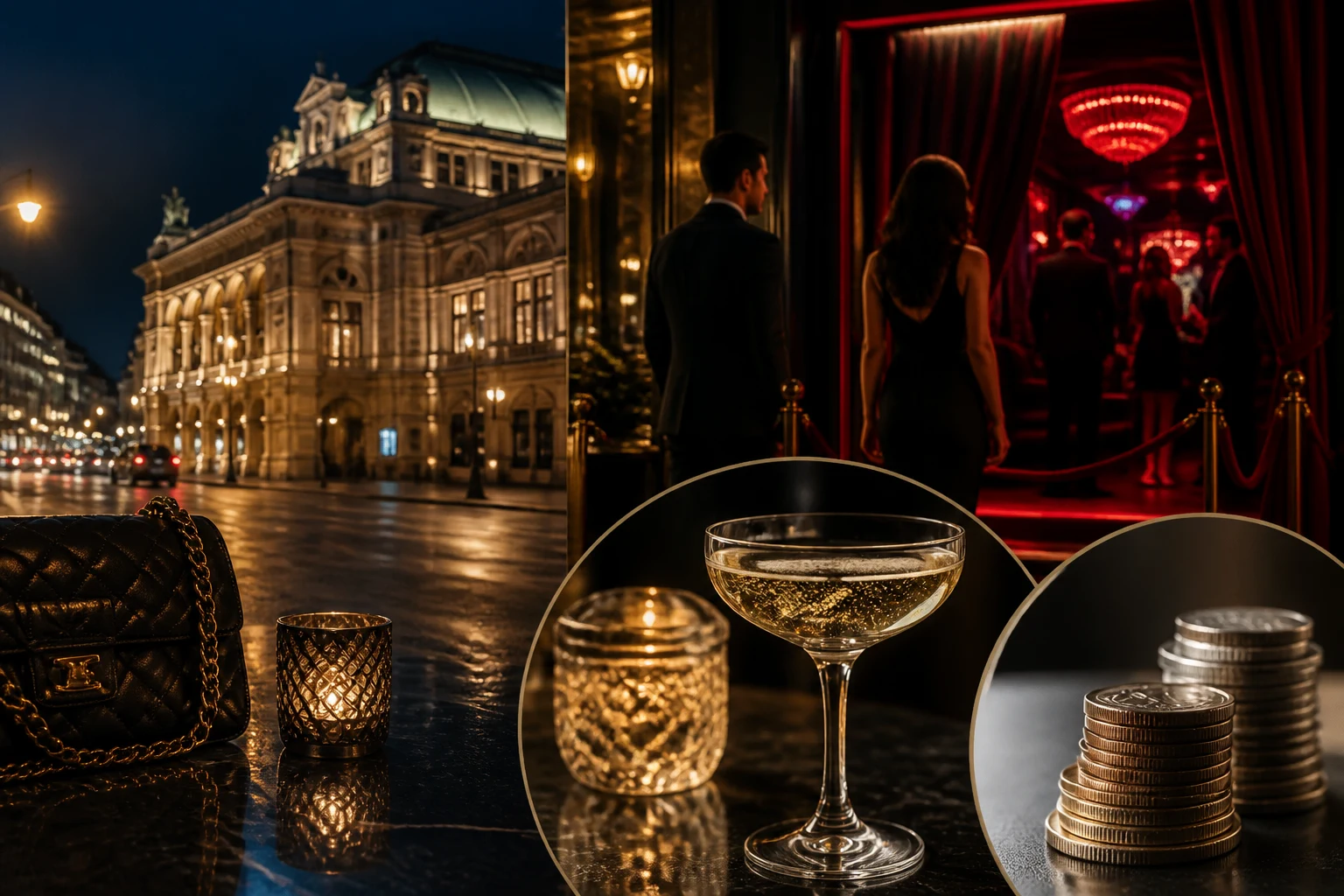 Cash and a club entry wristband on a reception counter at a Vienna sex club in the evening, elegant city lights