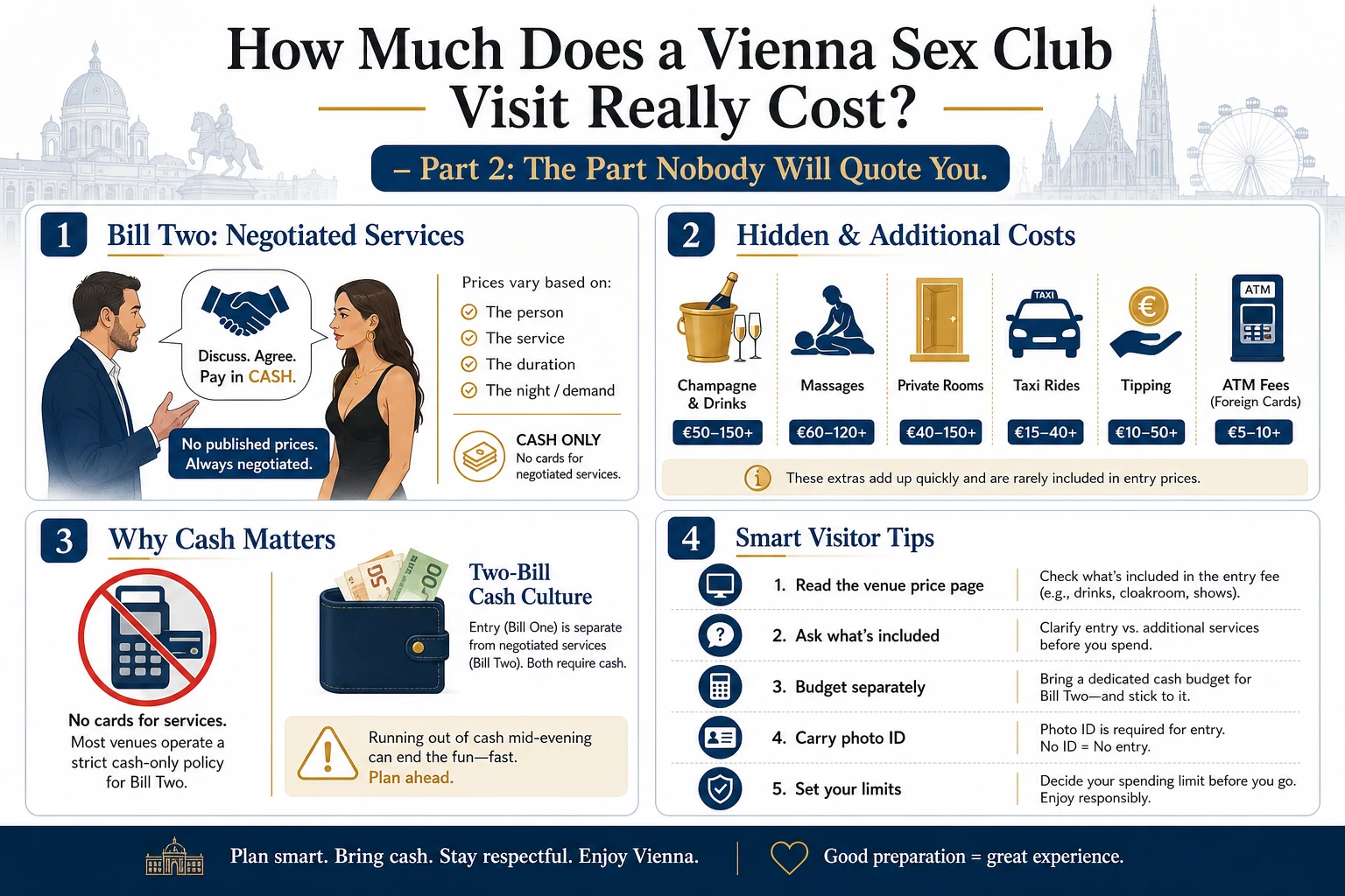 Infographic on the costs visitors forget at a Vienna sex club: drinks, on-site extras, the taxi home, tipping and ATM fees, plus how to get a real number before you go