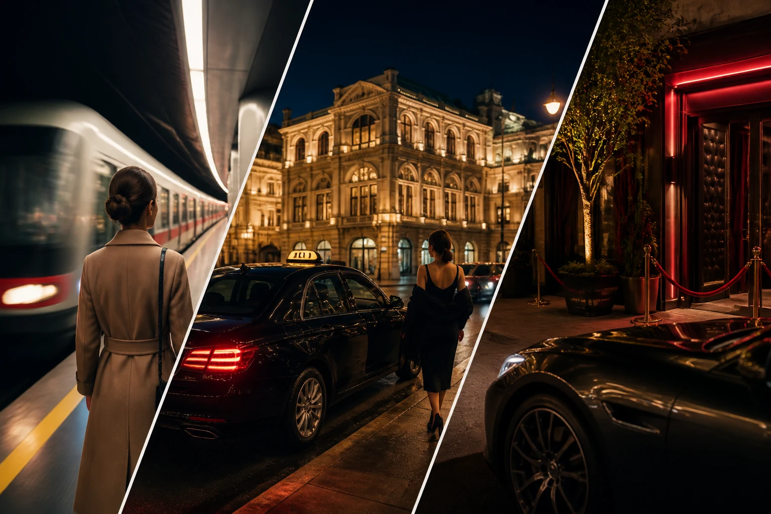 Night U-Bahn platform and a waiting taxi in Vienna, elegant city lights, on the way to a night out