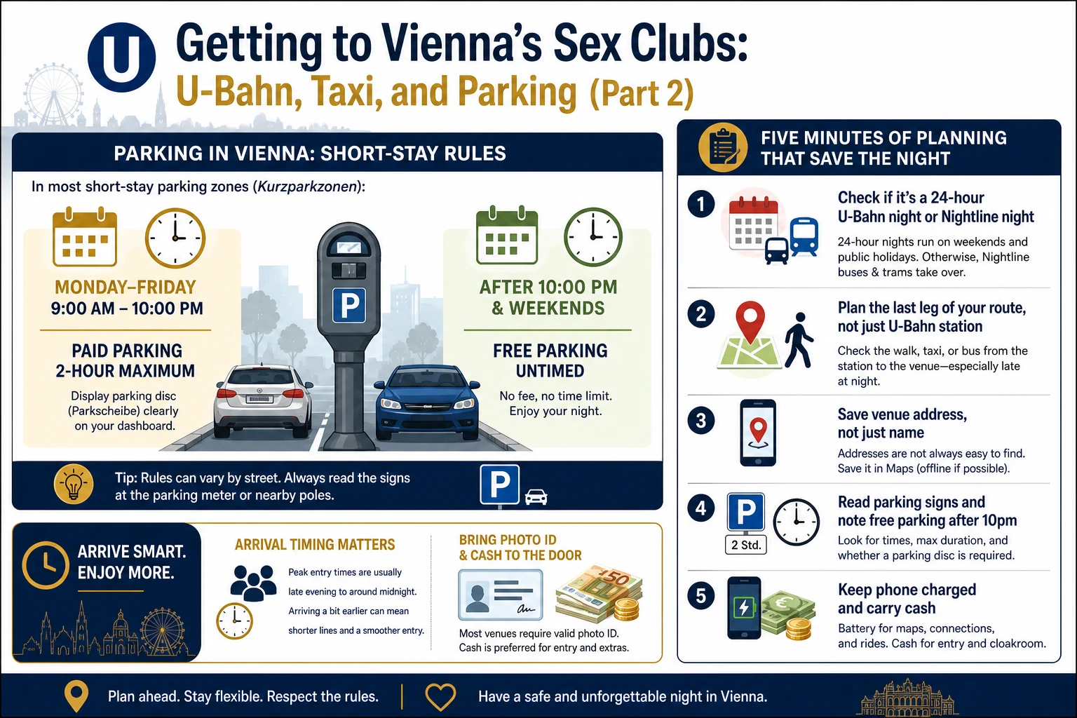 Infographic on taxis and parking in Vienna at night: how the taxi commission scam works, the city-wide short-stay parking zone hours, and a five-point plan before you set off