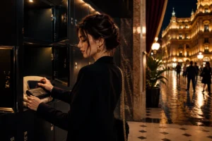 Row of lockers and a small personal safe in the changing area of a Vienna club, bathrobe and towel on a bench