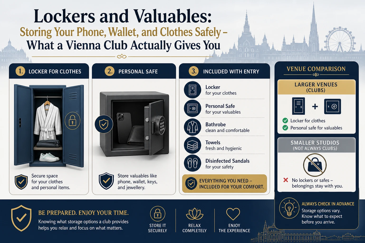 Infographic on storage at a Vienna sex club: the locker for clothes and the separate safe for valuables, why phones are handed in, and how to split your cash