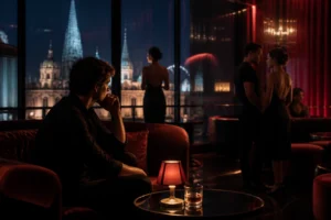 Quiet lounge corner in a Vienna sex club with soft lighting