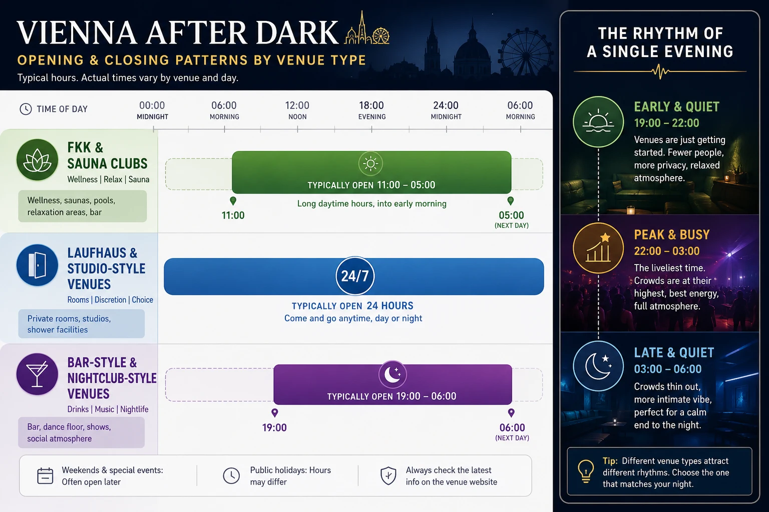 Infographic on Vienna sex club opening hours by venue type: FKK and sauna clubs, Laufhaus and studios, bar-style venues, and how a single evening changes from quiet to busy