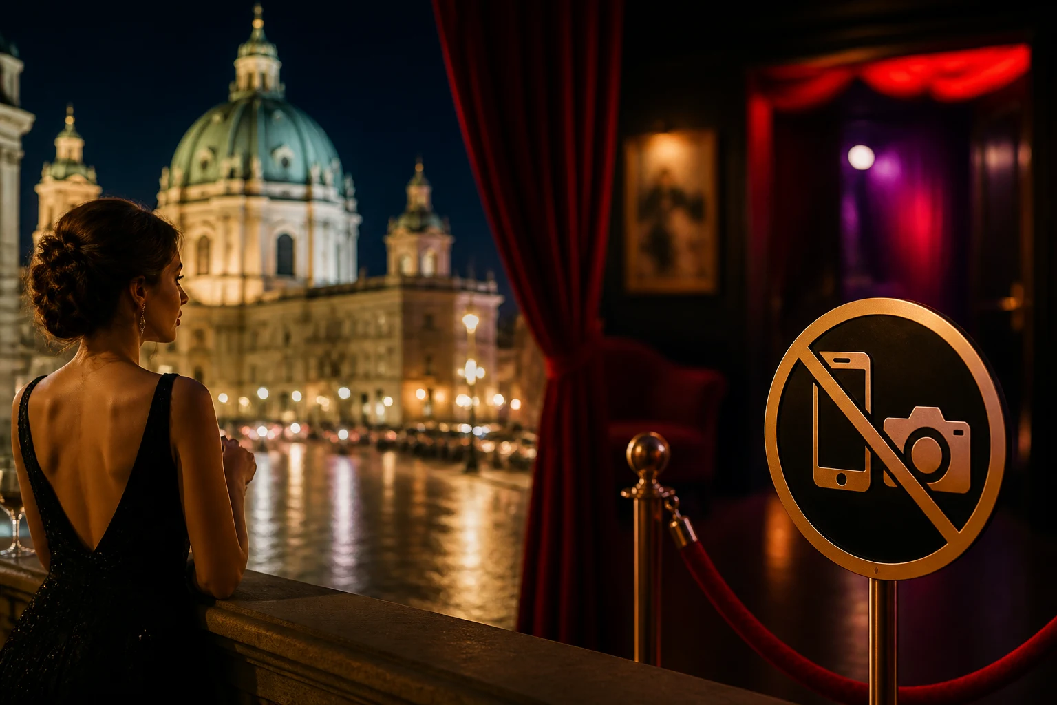Smartphone being placed into a personal safe at the reception of a Vienna club, elegant evening lighting