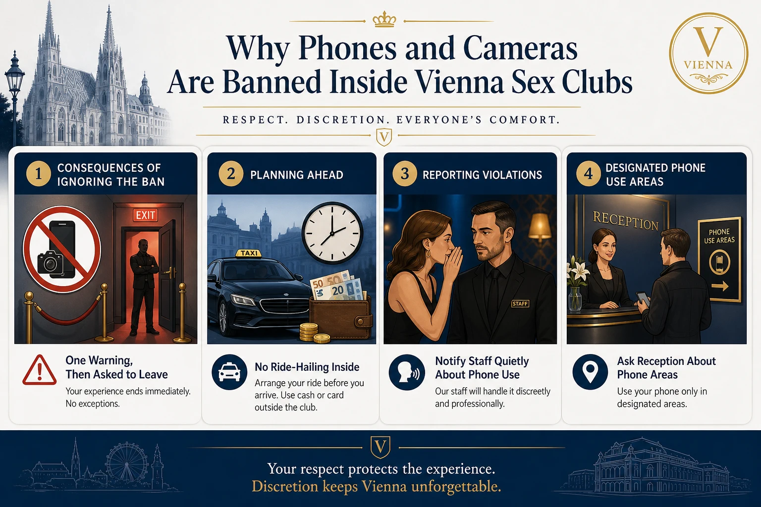 Infographic on the practical consequences of handing in your phone at a Vienna sex club, what happens if you ignore the rule, and the one exception worth asking about